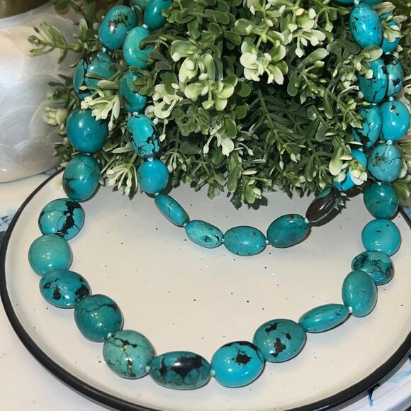 LUC Lucas Lameth 925 Turquoise Stone Knotted Single Strand Necklace 36" - Picture 1 of 5